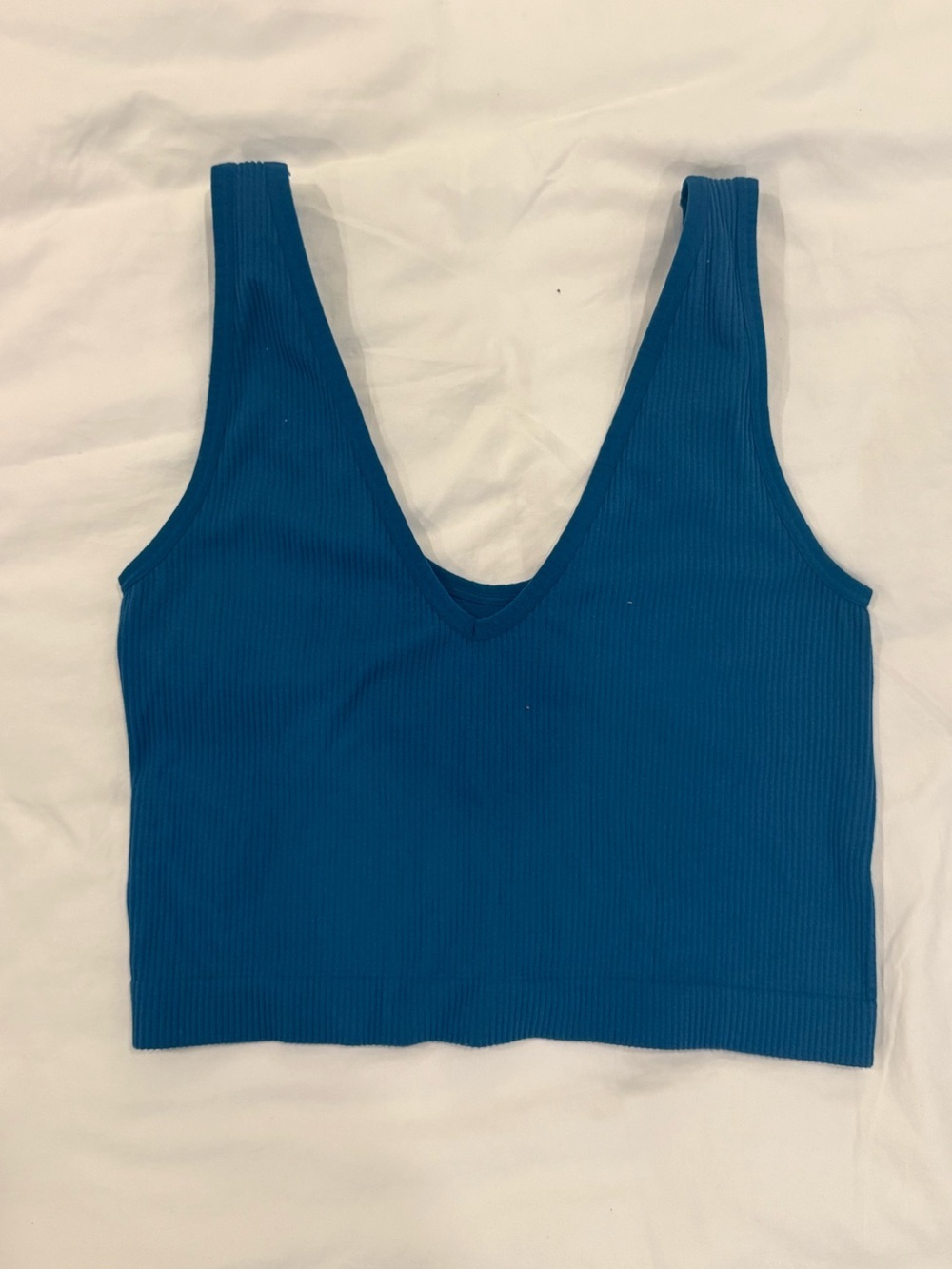 Adorable Blue Ribbed V-Neck Crop Tank Top Size Large